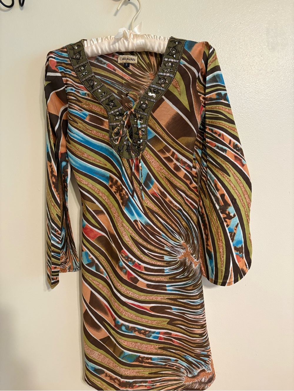 Caravan Olive Multi-Color Beaded V-Neck Swim Coverup